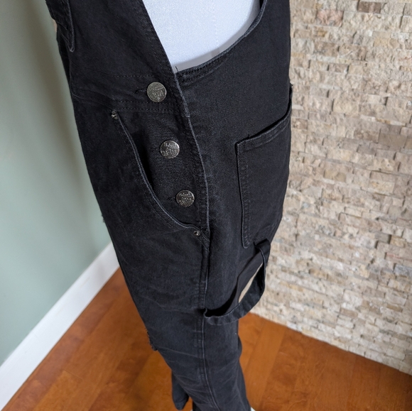 Black Distressed Denim Floral Patch Overalls Indie Boho Chic Cottage core Large - Picture 3 of 15